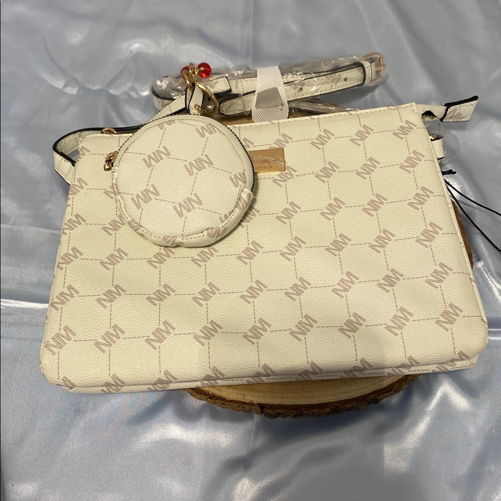 White Patterned Crossbody Bag with Cherry Charm